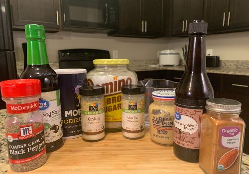 Brown sugar, sauces, mustard, and spices for the jerky marinade