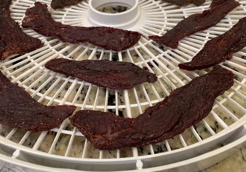 Darkened jerky strips on a round dehydrator tray