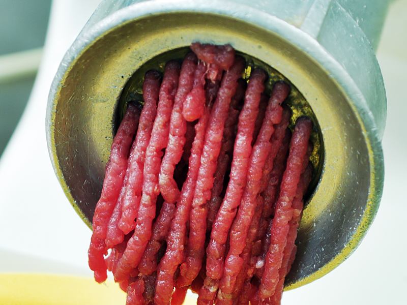 Raw ground meat emerging from the plate of a meat grinder