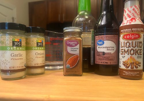 Garlic, onion, cayenne, and bottled sauces for the marinade