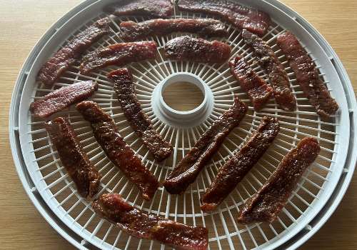 Long marinated beef strips spaced on a round dehydrator tray