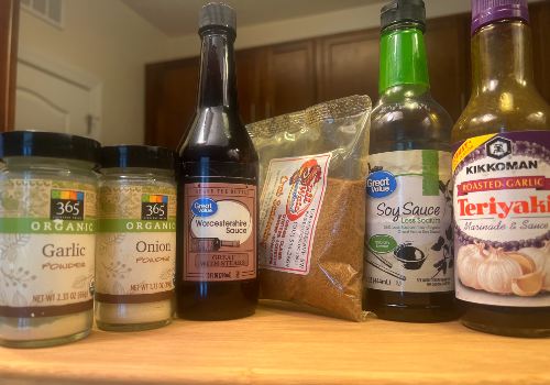 Garlic and onion powders with Worcestershire, soy, and teriyaki sauces
