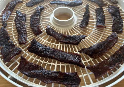 Finished Carolina Reaper jerky strips on a dehydrator tray