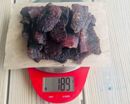 Finished Chinese-style jerky on a scale reading 189 grams