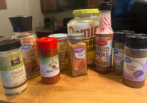 Brown sugar, liquid smoke, paprika, and other barbecue seasonings
