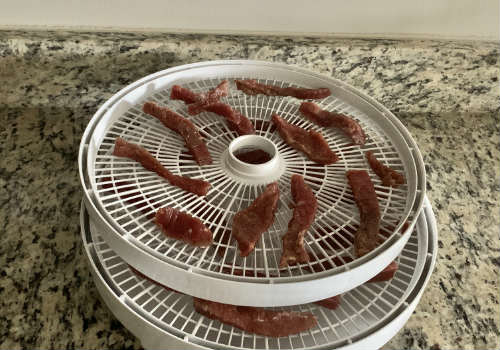 Marinated beef strips on stacked dehydrator trays