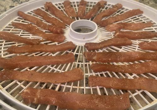 Long pork strips spaced across a round dehydrator tray