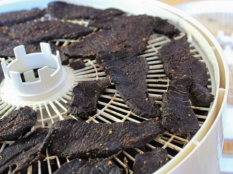 Dark jerky strips spread across a round dehydrator tray