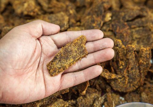A hand holding a dried meat strip with a yellow-brown surface coating