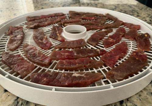 Beef strips arranged on a round dehydrator tray