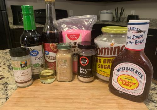 Barbecue sauce, soy sauce, sesame seeds, ginger, and brown sugar