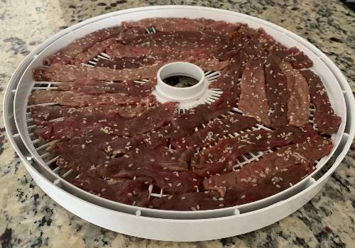 Sesame-speckled beef strips spread on a dehydrator tray