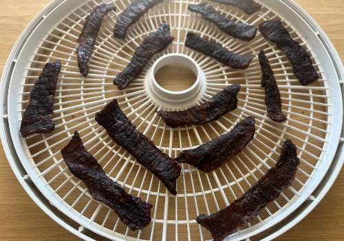 Dark jerky strips on a white dehydrator tray