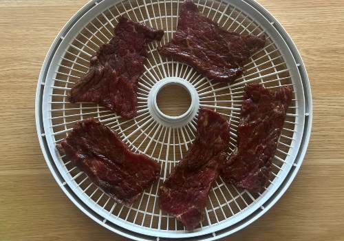 Marinated beef slices arranged around a dehydrator tray