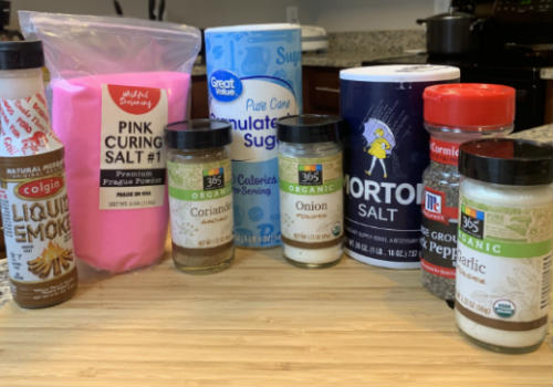Salt, sugar, coriander, pepper, liquid smoke, and other jerky seasonings