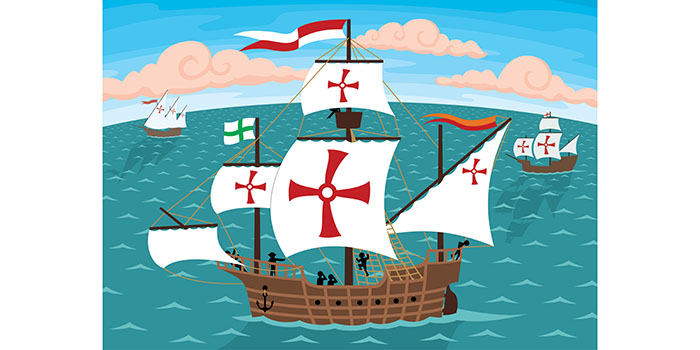 Illustration of sailing ships with white sails crossing the sea