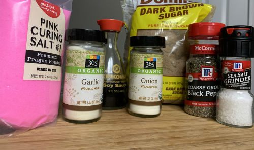 Black pepper, brown sugar, soy sauce, garlic, onion, and curing salt