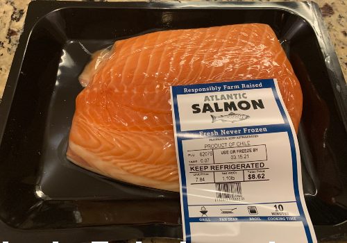 Packaged Atlantic salmon fillet with its label visible