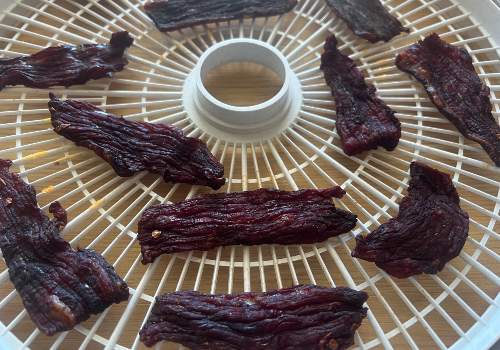 Darkened smoky jerky pieces on a white dehydrator tray