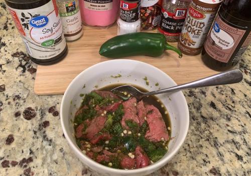 Beef strips in marinade with chopped green jalapeno
