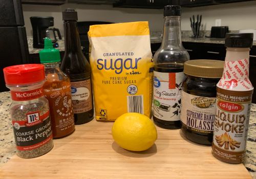 Hot sauce, molasses, sugar, lemon, soy sauce, and seasonings