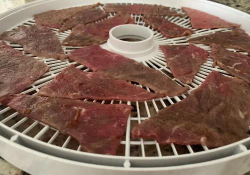 Wide marinated beef pieces on a round dehydrator tray