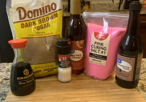 Brown sugar, soy sauce, vinegar and seasonings for sweet beef jerky