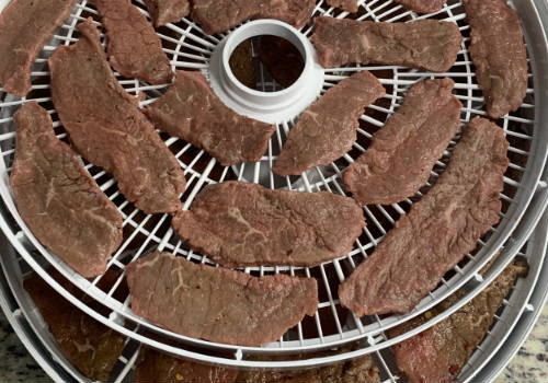 Marinated beef slices spaced on a dehydrator tray