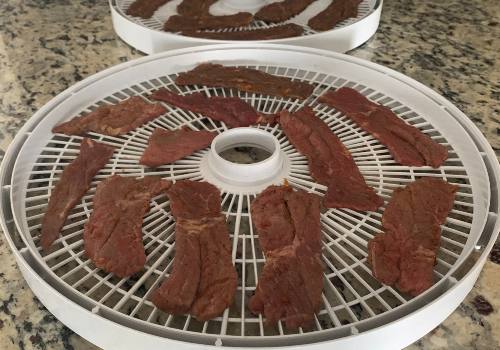 Beef strips arranged in a single layer on dehydrator trays