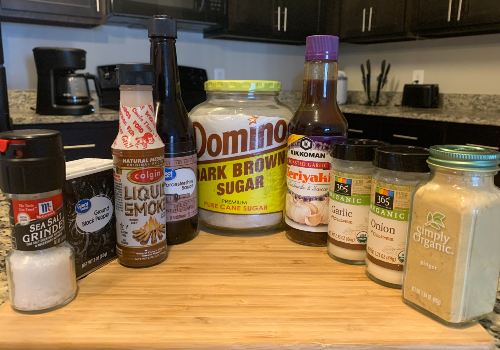 Teriyaki sauce, brown sugar, liquid smoke and seasonings