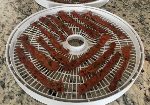 Seasoned beef strips spaced across dehydrator trays