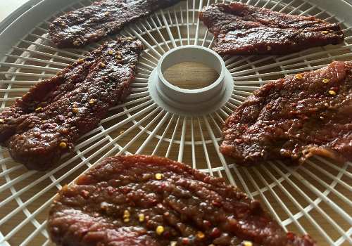 Marinated beef strips on a dehydrator tray before drying
